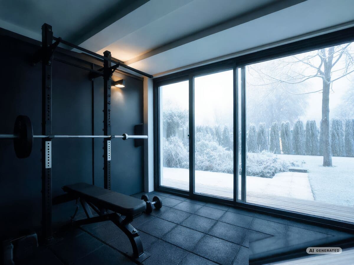 Blick aus dem REINHART Fitness nach draußen: Rack, Hantelbank und dunkler Sportboden, hinter der Glasfront liegt Schnee.