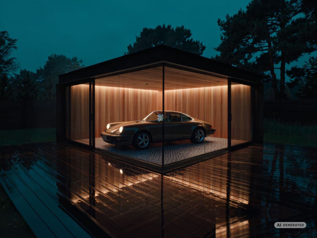 REINHART Gallery bei Nacht als beleuchtete Vitrine, im Inneren ein Sportwagen vor einer warm beleuchteten Wand.