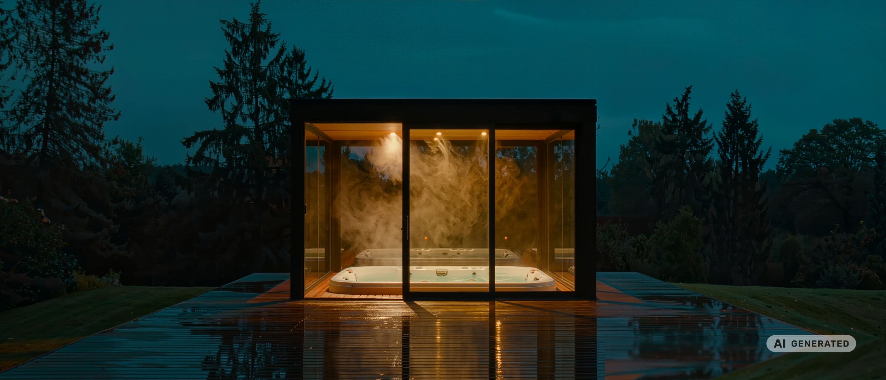 REINHART Spa zur blauen Stunde mit geöffneter Schiebefront, im Inneren ein beleuchteter Whirlpool, über dem Wasser steigt Dampf auf, davor ein nasses Holzdeck mit Spiegelungen.