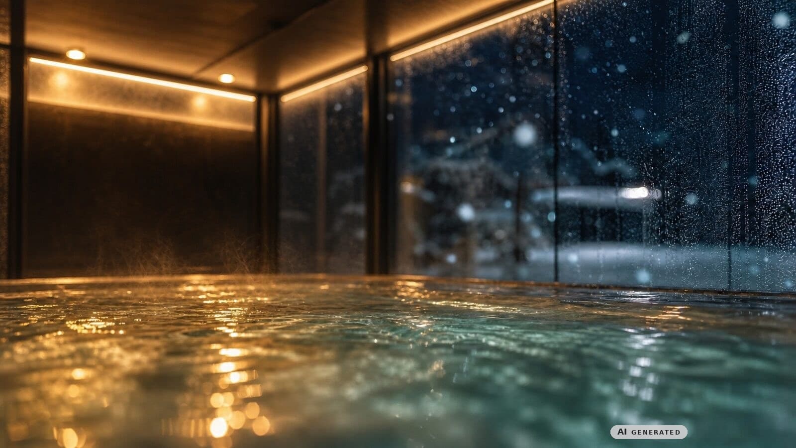 Blick von der Wasserlinie aus über die Whirlpool-Oberfläche: feiner Dampf steigt im warmen Deckenlicht auf, hinter der beschlagenen Glaswand fällt Schnee in der dunklen Winternacht.