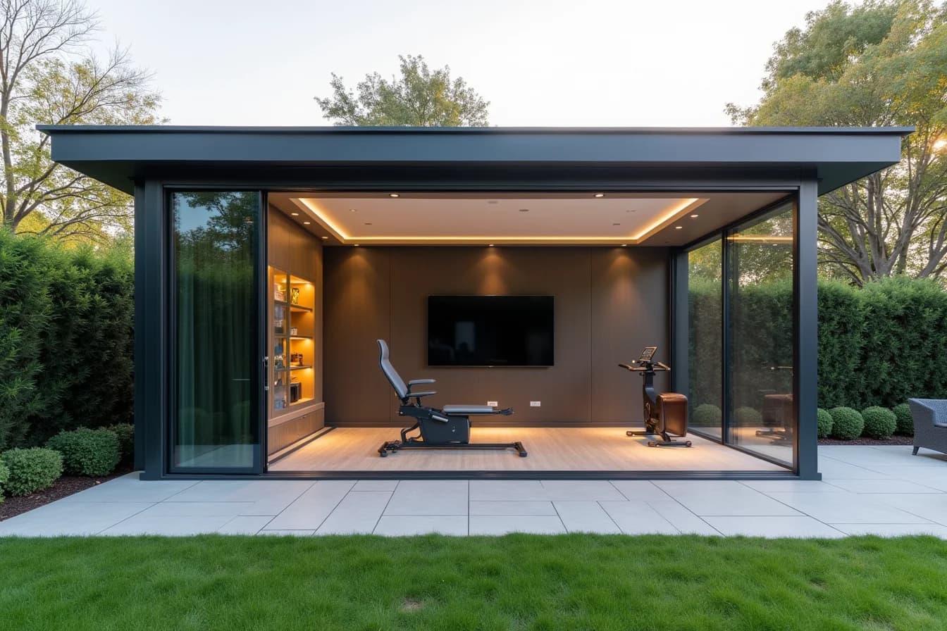 REINHART Fitness Cube im Garten bei Abenddämmerung mit Fitnessgeräten und TV