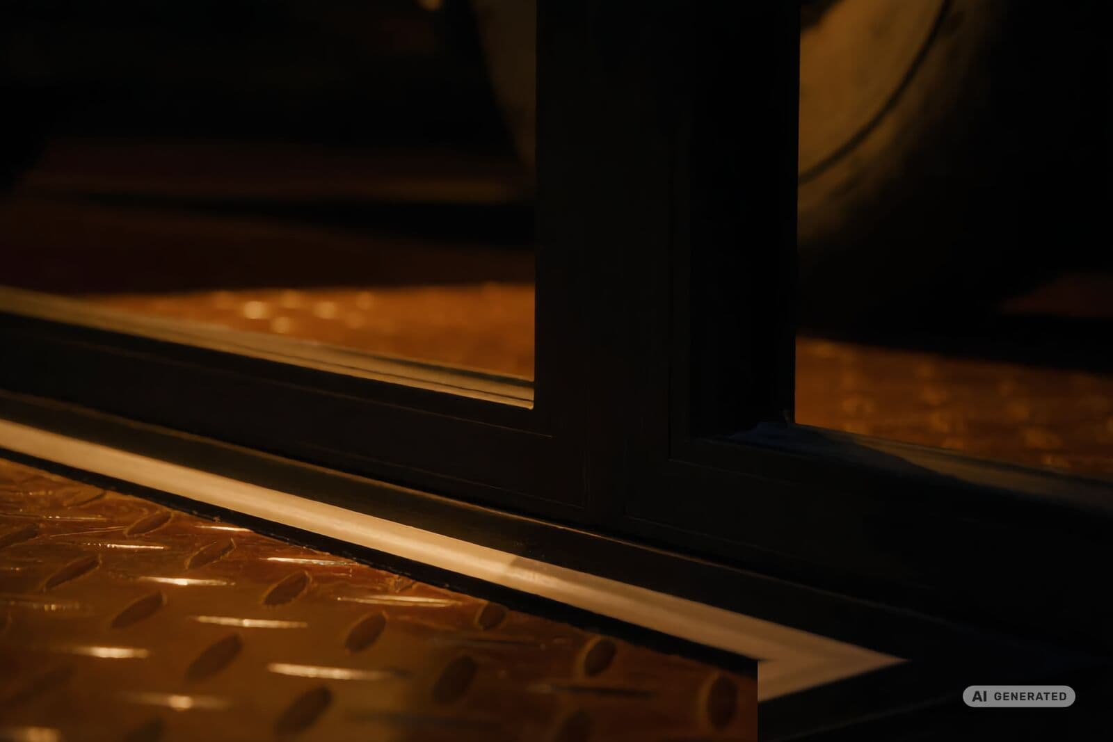 Detailaufnahme der Bodenschwelle eines Referenzprojekts: Aluminiumprofil, Glaskante und Riffelblech im warmen Streiflicht.