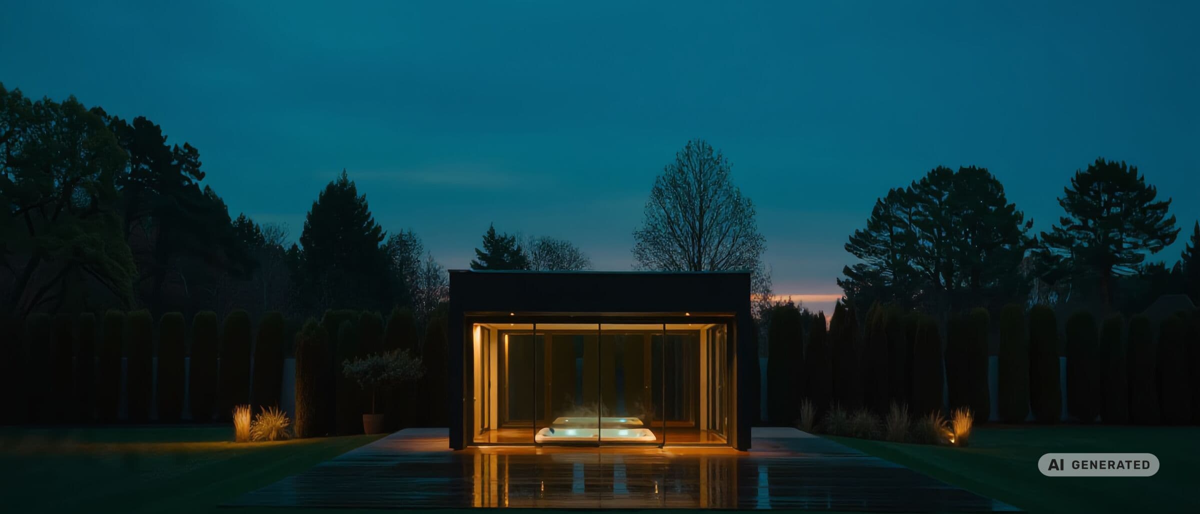REINHART Gallery in der Dämmerung am Ende eines Gartens, warm beleuchtet, davor eine spiegelnde Wasserfläche.