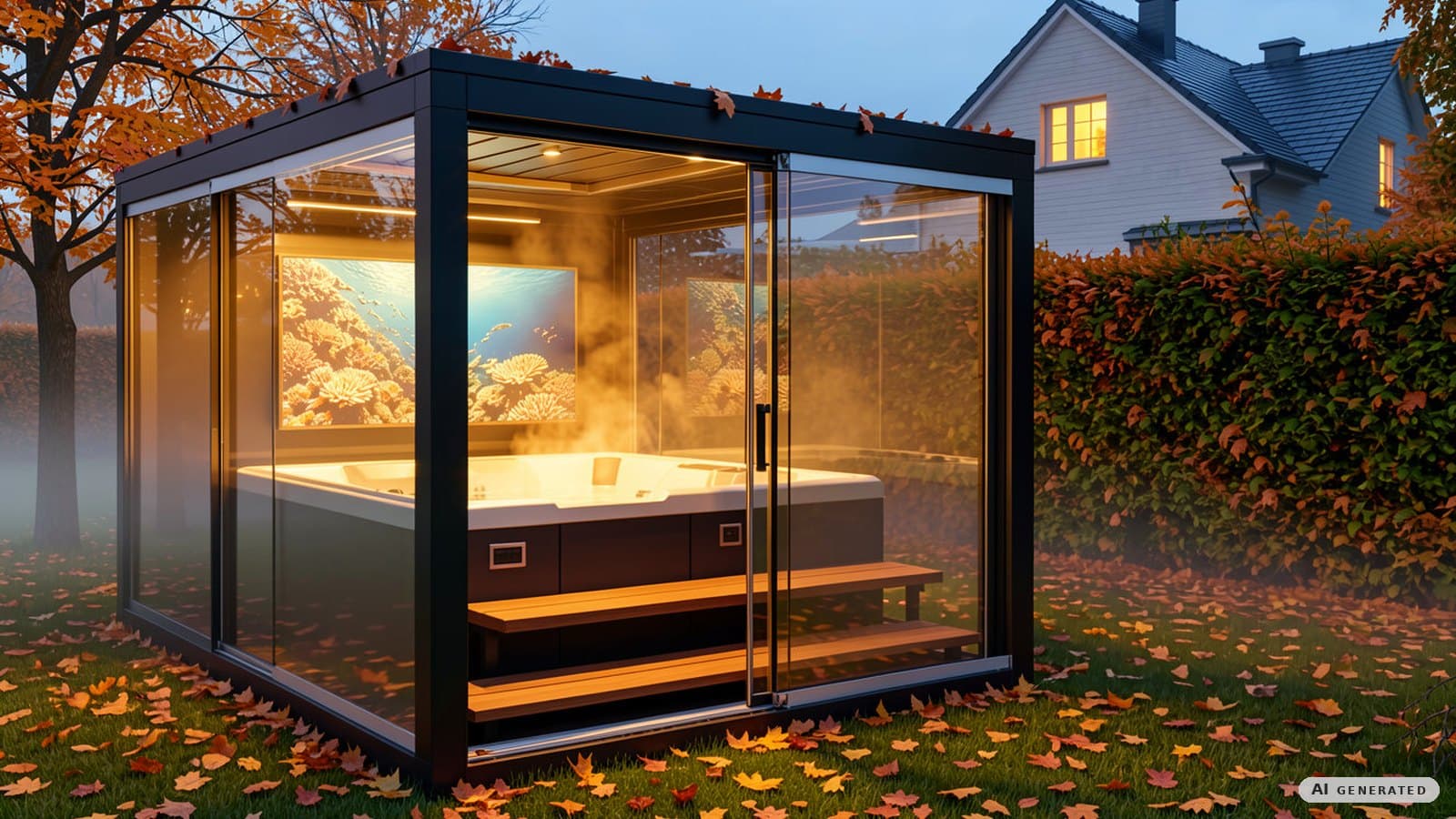 REINHART Spa im herbstlichen Garten zur Abenddämmerung, Whirlpool mit aufsteigendem Dampf und Bildschirm hinter der Glasfront, auf dem Rasen liegt buntes Laub.
