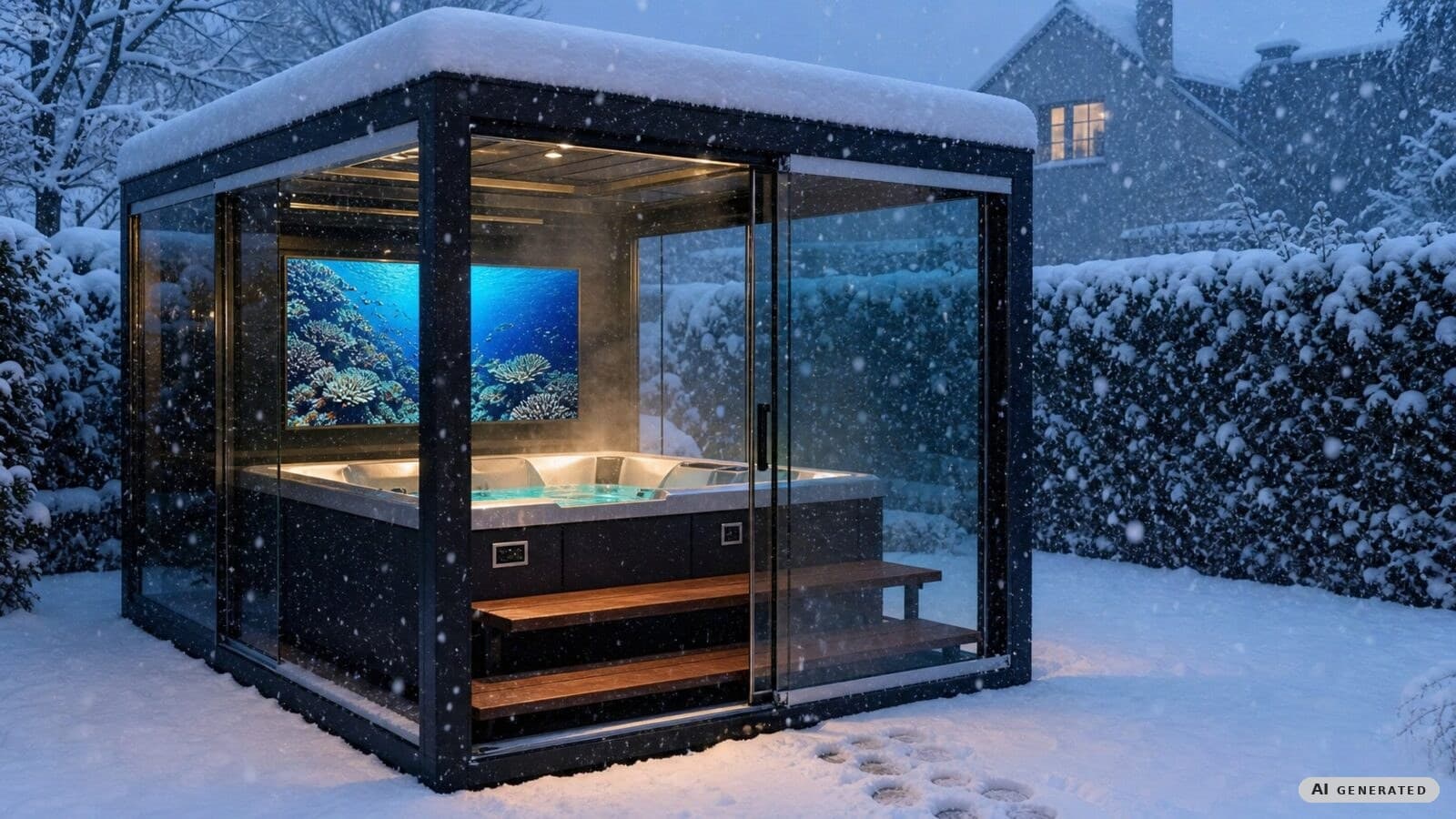 REINHART Spa im Schnee, Whirlpool und Bildschirm hinter der Glasfront, auf dem Dach liegt Schnee.